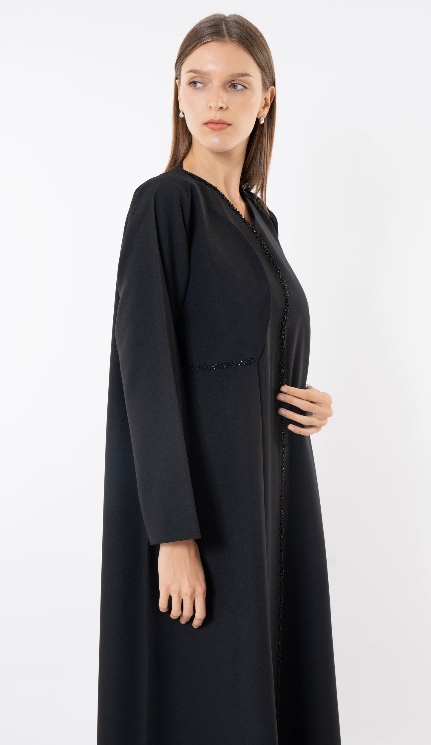 Black Layered Abaya With Overlap Curve Design And Beadwork