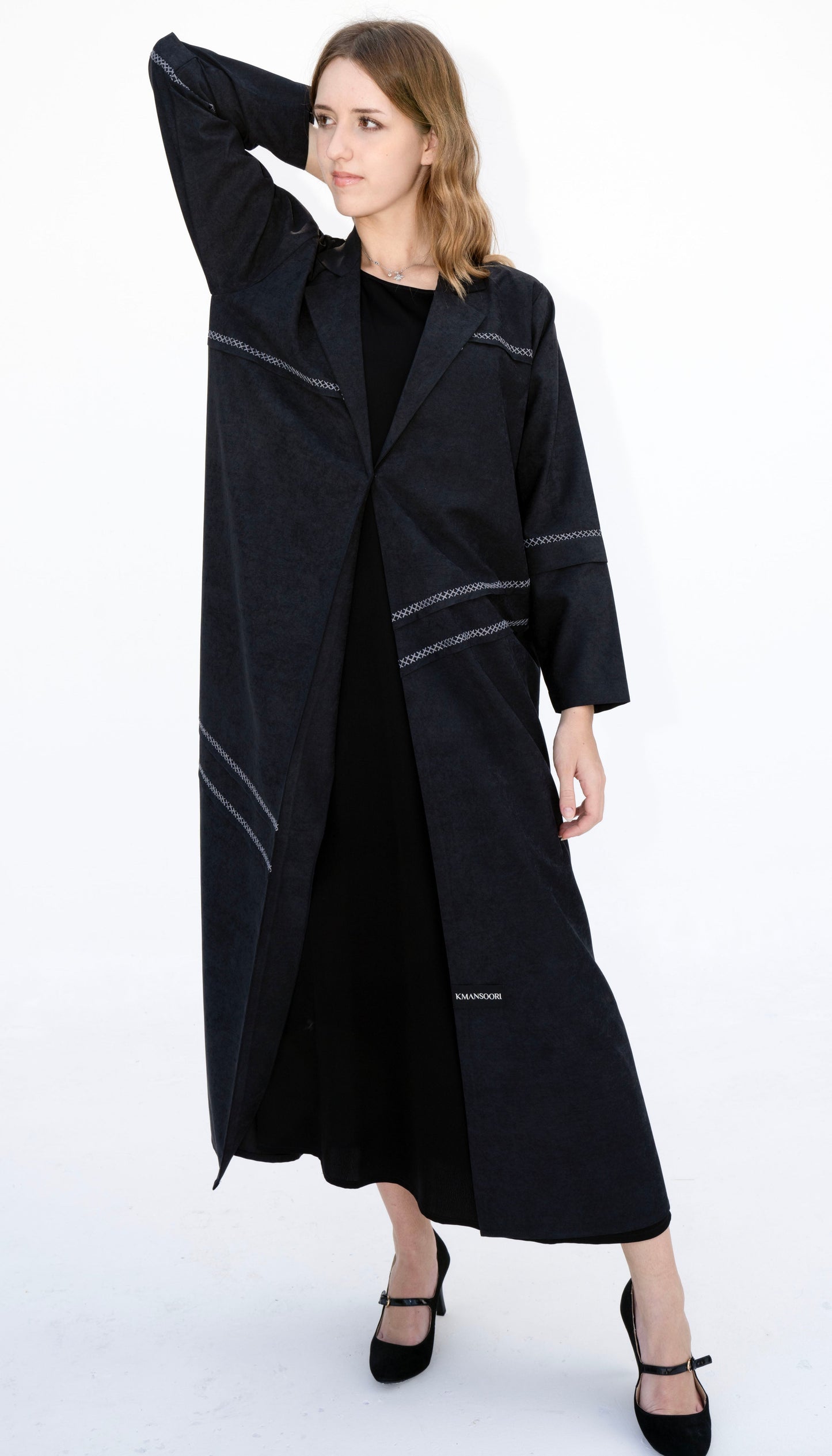 Collar Abaya With Blanket Stitch Detailing On Front And Sleeve