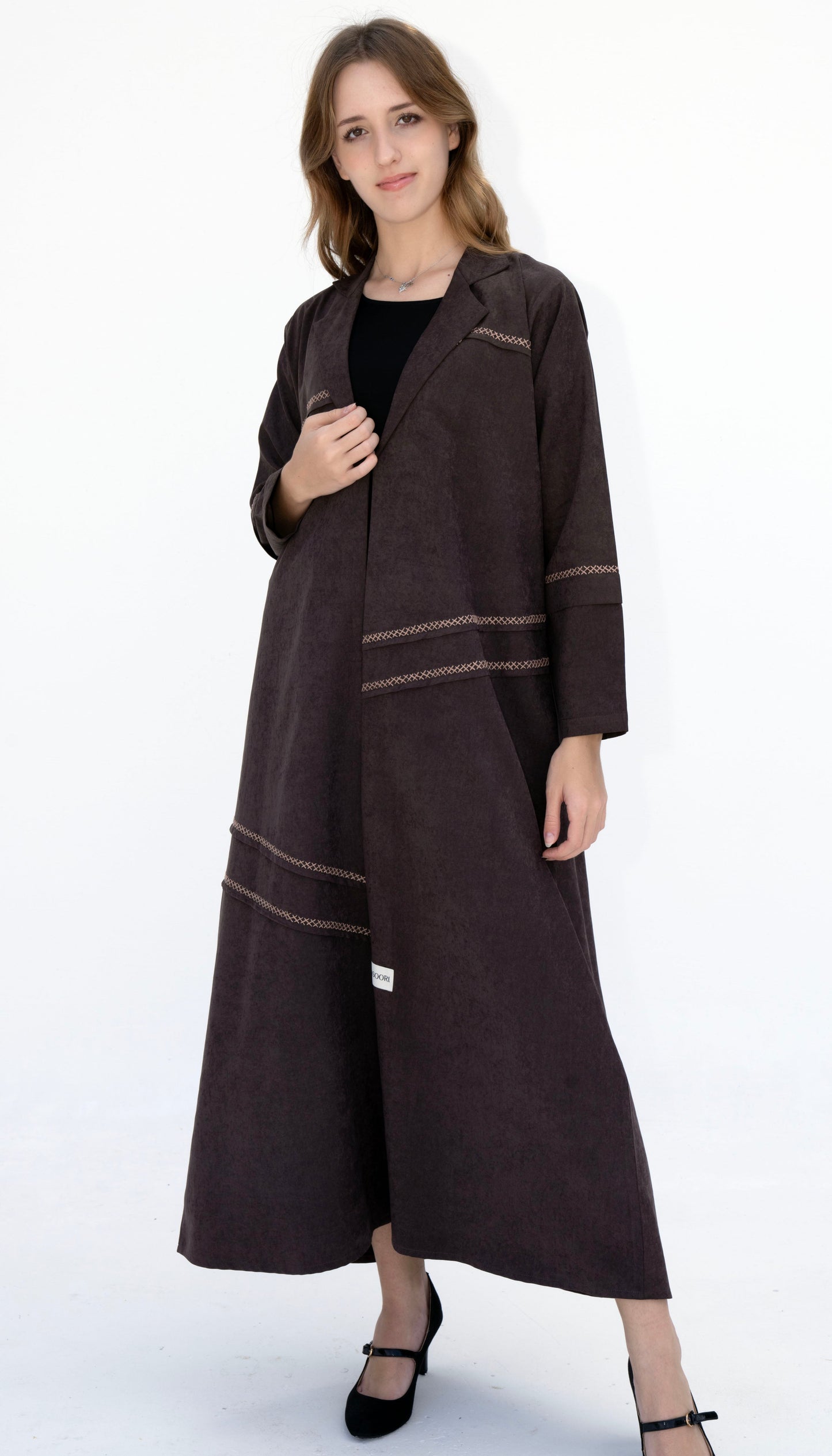 Collar Abaya With Blanket Stitch Detailing On Front And Sleeve