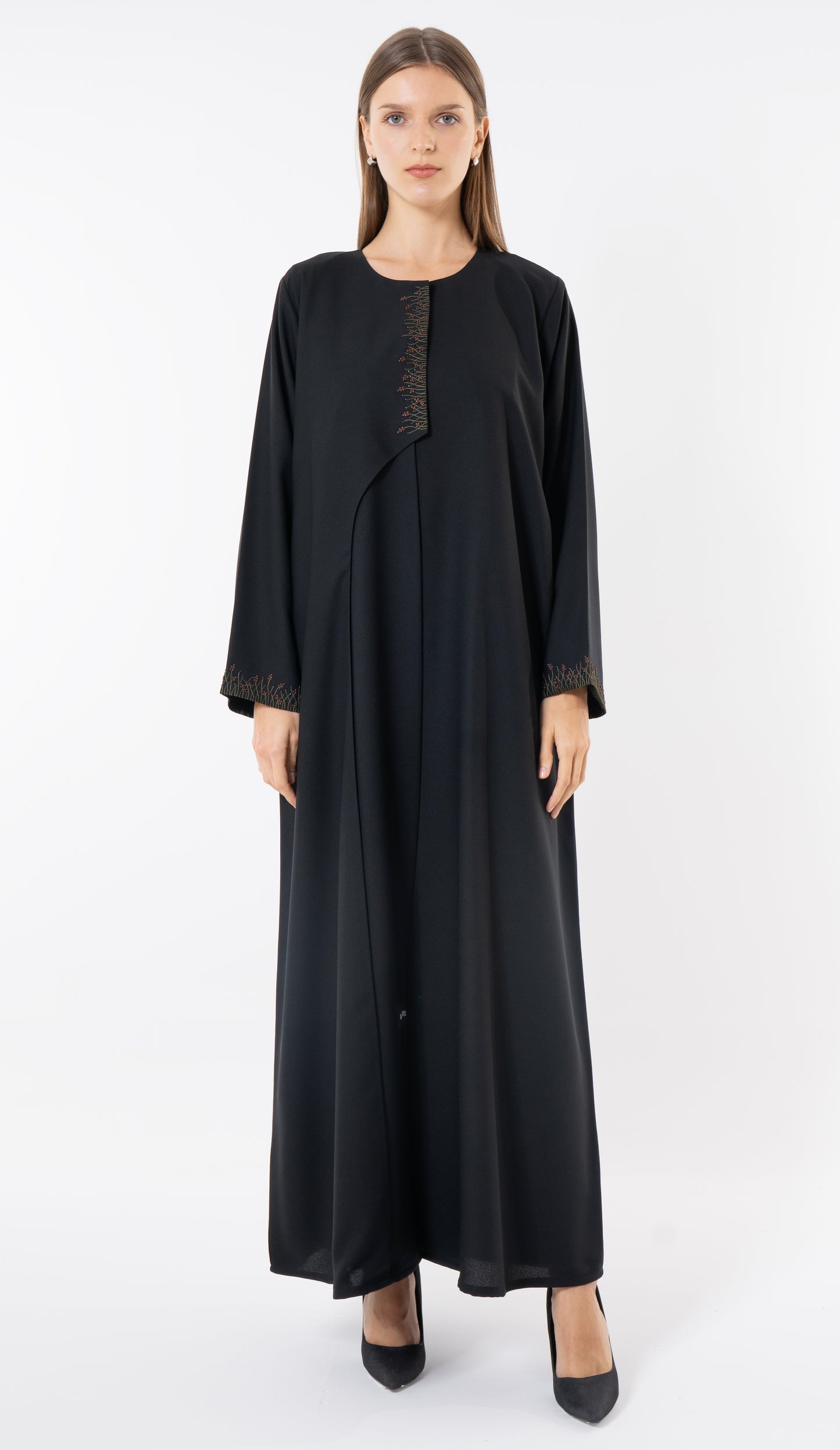 Black Front-Layered Abaya With Thread & Bead Embellished Details