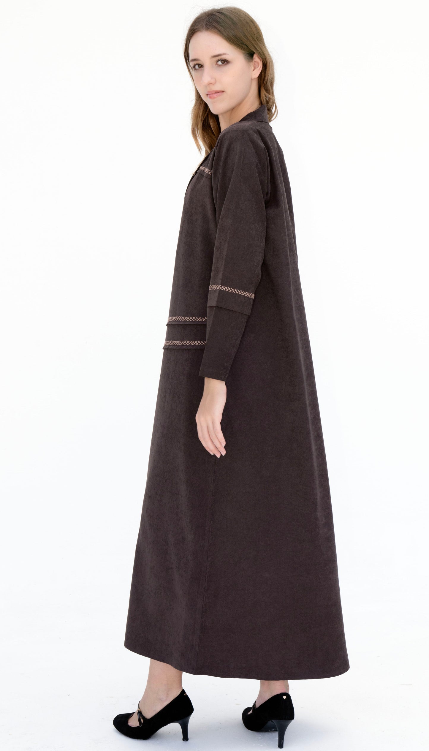 Collar Abaya With Blanket Stitch Detailing On Front And Sleeve