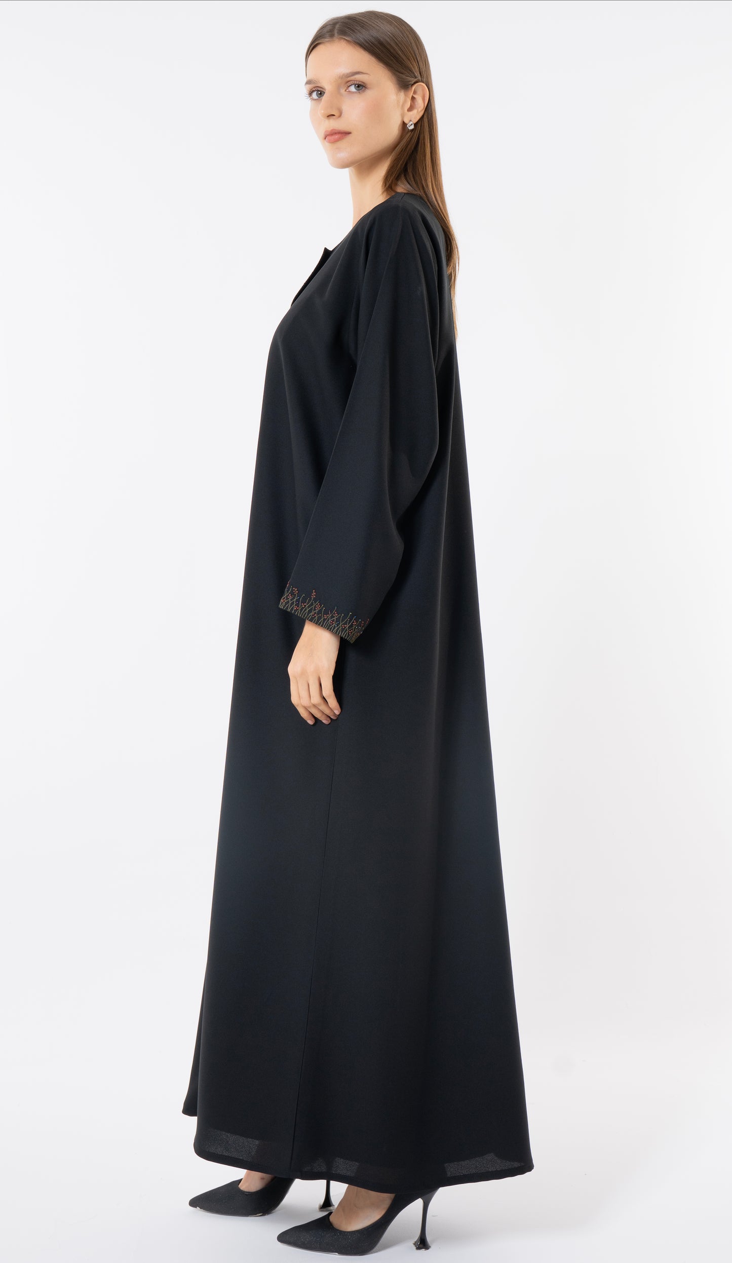 Black Front-Layered Abaya With Thread & Bead Embellished Details