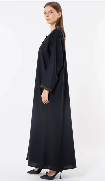 Black Front-Layered Abaya With Thread & Bead Embellished Details