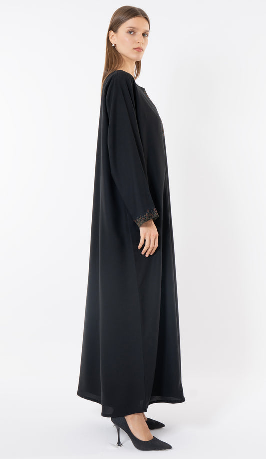 Black Front-Layered Abaya With Thread And Bead Embellishments