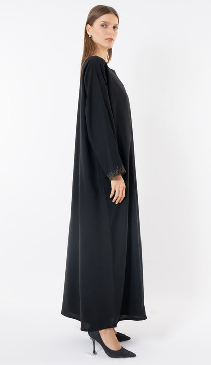 Black Front-Layered Abaya With Thread & Bead Embellished Details