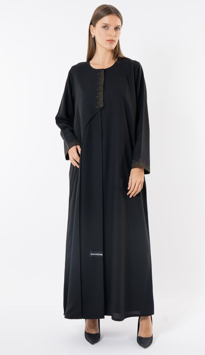 Black Front-Layered Abaya With Thread & Bead Embellished Details