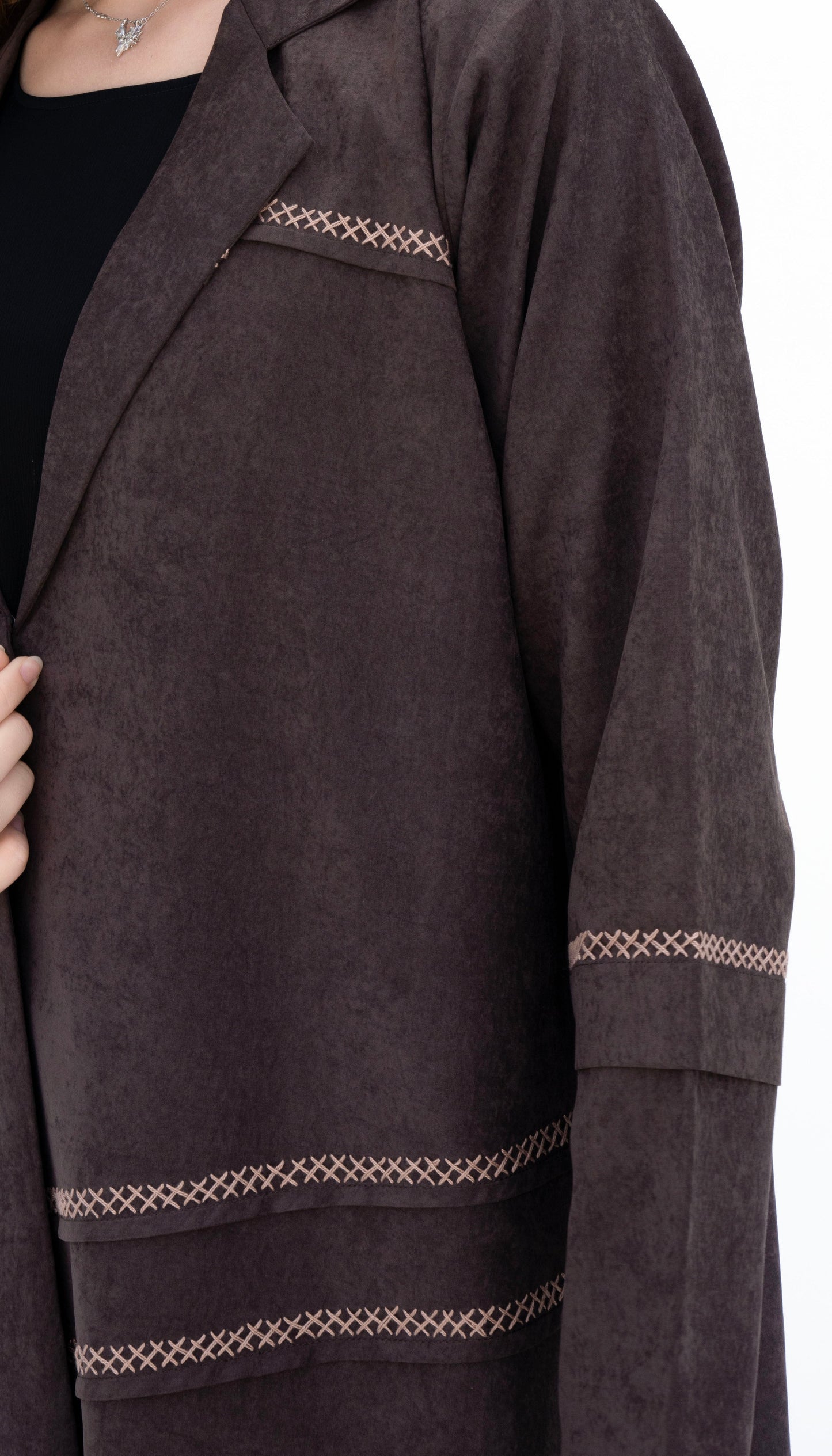 Collar Abaya With Blanket Stitch Detailing On Front And Sleeve