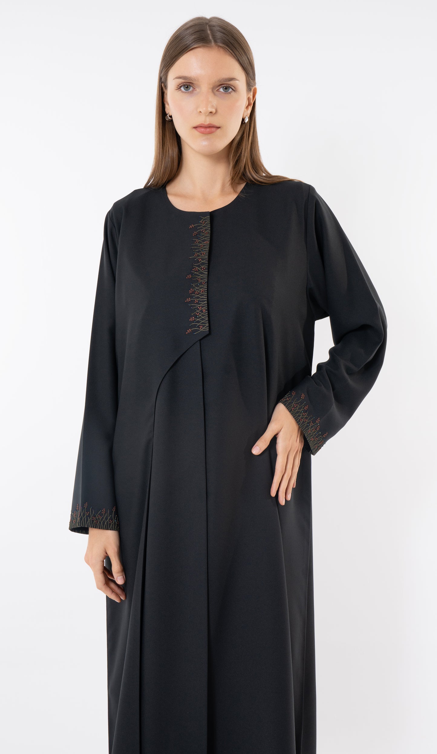 Black Front-Layered Abaya With Thread & Bead Embellished Details