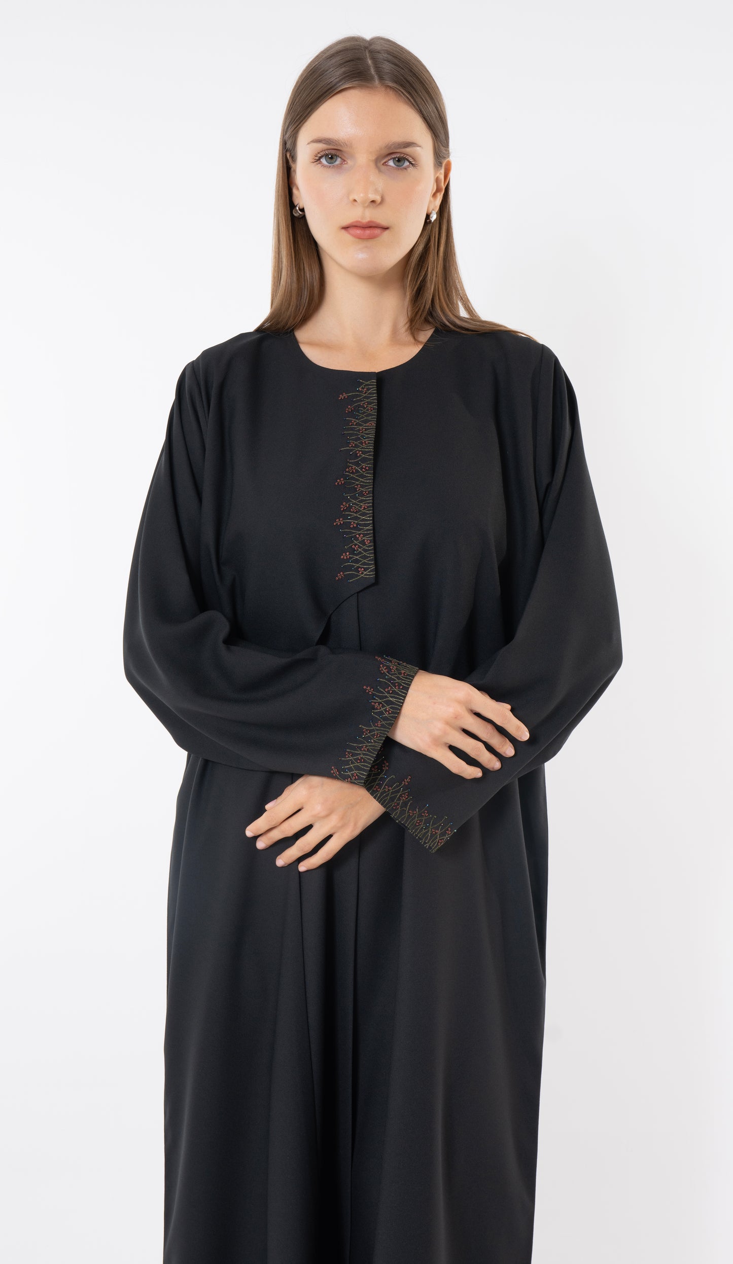 Black Front-Layered Abaya With Thread And Bead Embellishments