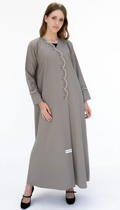 Embroidered Curve Pattern Overlap Abaya With Curve Cut Sleeve