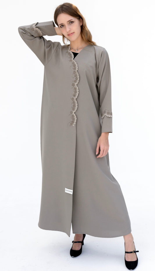 Embroidered Curve Pattern Overlap Abaya With Curve Cut Sleeve