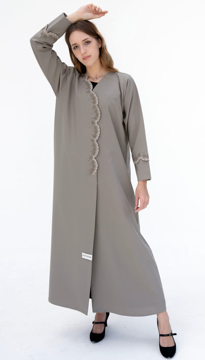 Embroidered Curve Pattern Overlap Abaya With Curve Cut Sleeve