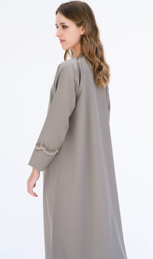 Embroidered Curve Pattern Overlap Abaya With Curve Cut Sleeve