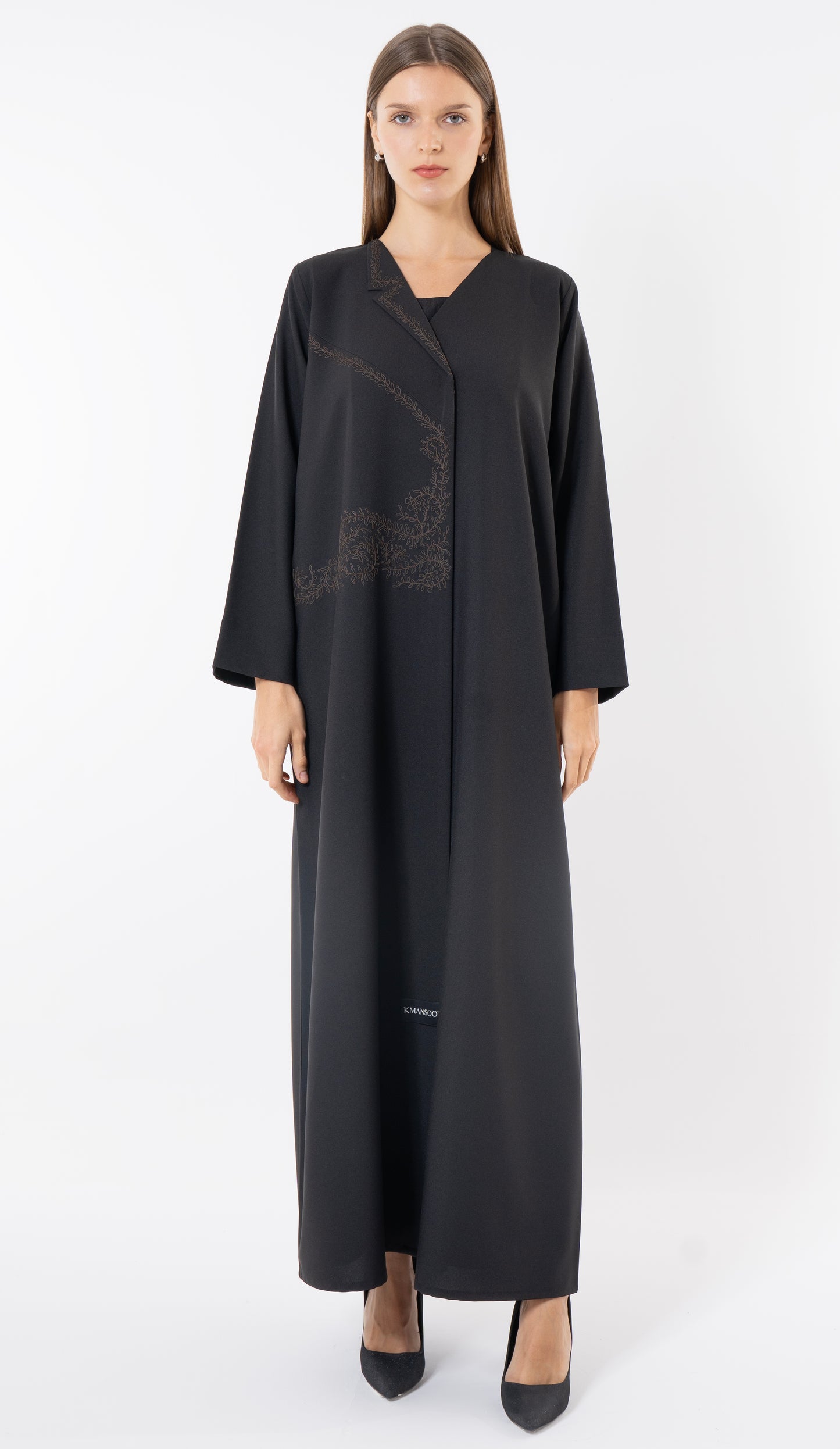 Black Blazer Collar Abaya With Thread Embroidery