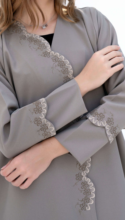 Embroidered Curve Pattern Overlap Abaya With Curve Cut Sleeve