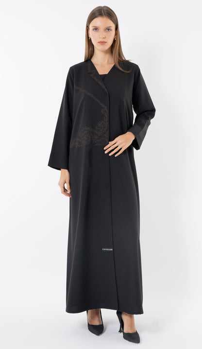 Black Blazer Collar Abaya With Thread Embroidery