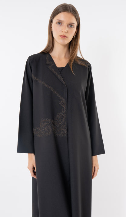 Black Blazer Collar Abaya With Thread Embroidery