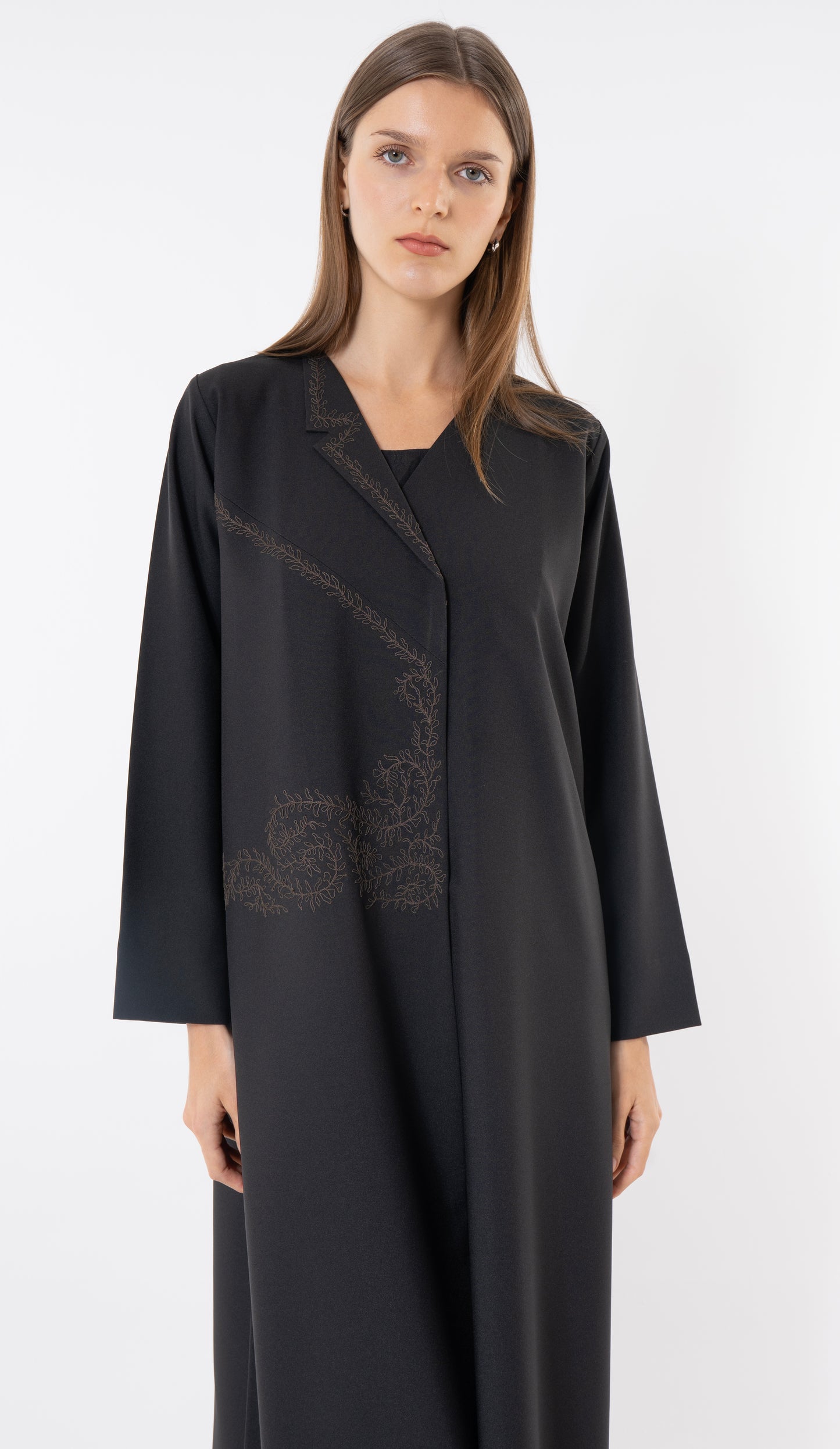 Black Blazer-Style Abaya with Fine Thread Embroidery