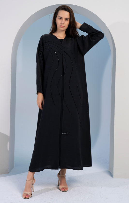 Black V-Neck Abaya with Flowy Patterned Embellishments