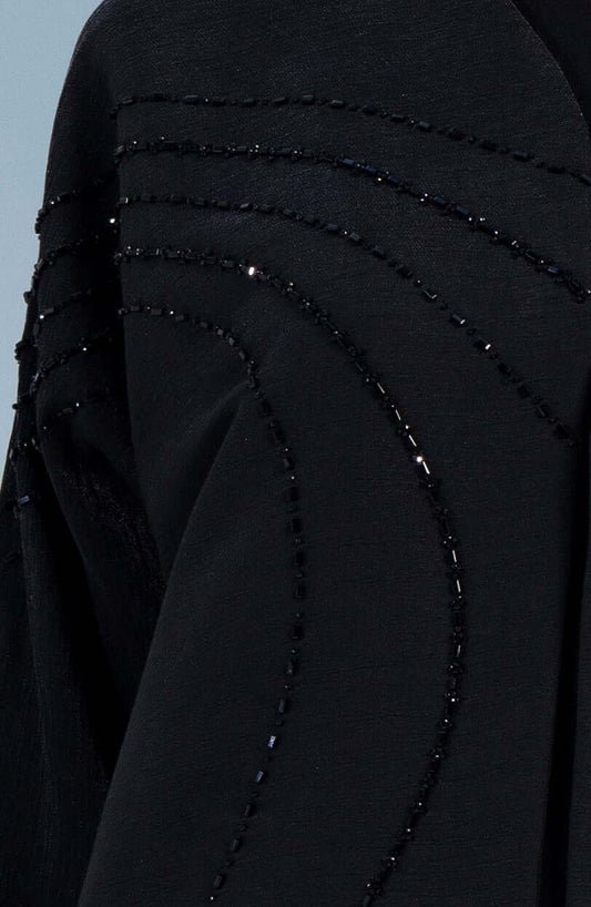 Black V-Neck Abaya with Flowy Patterned Embellishments