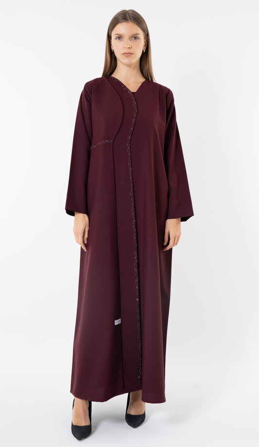Maroon Overlap Curve Abaya With Front Layering And Beadwork