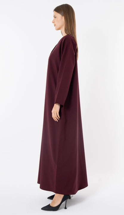 Maroon Layered Abaya With Overlap Curve Design And Beadwork