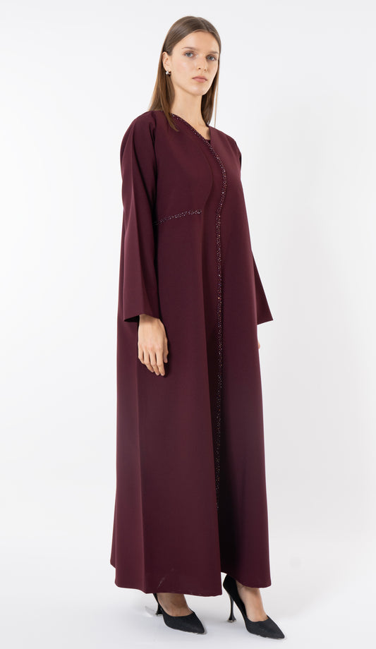 Maroon Overlap Curve Abaya With Front Layering And Beadwork