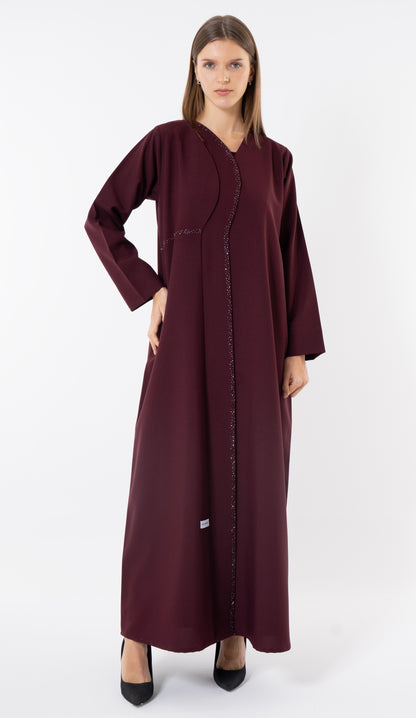 Maroon Layered Abaya With Overlap Curve Design And Beadwork