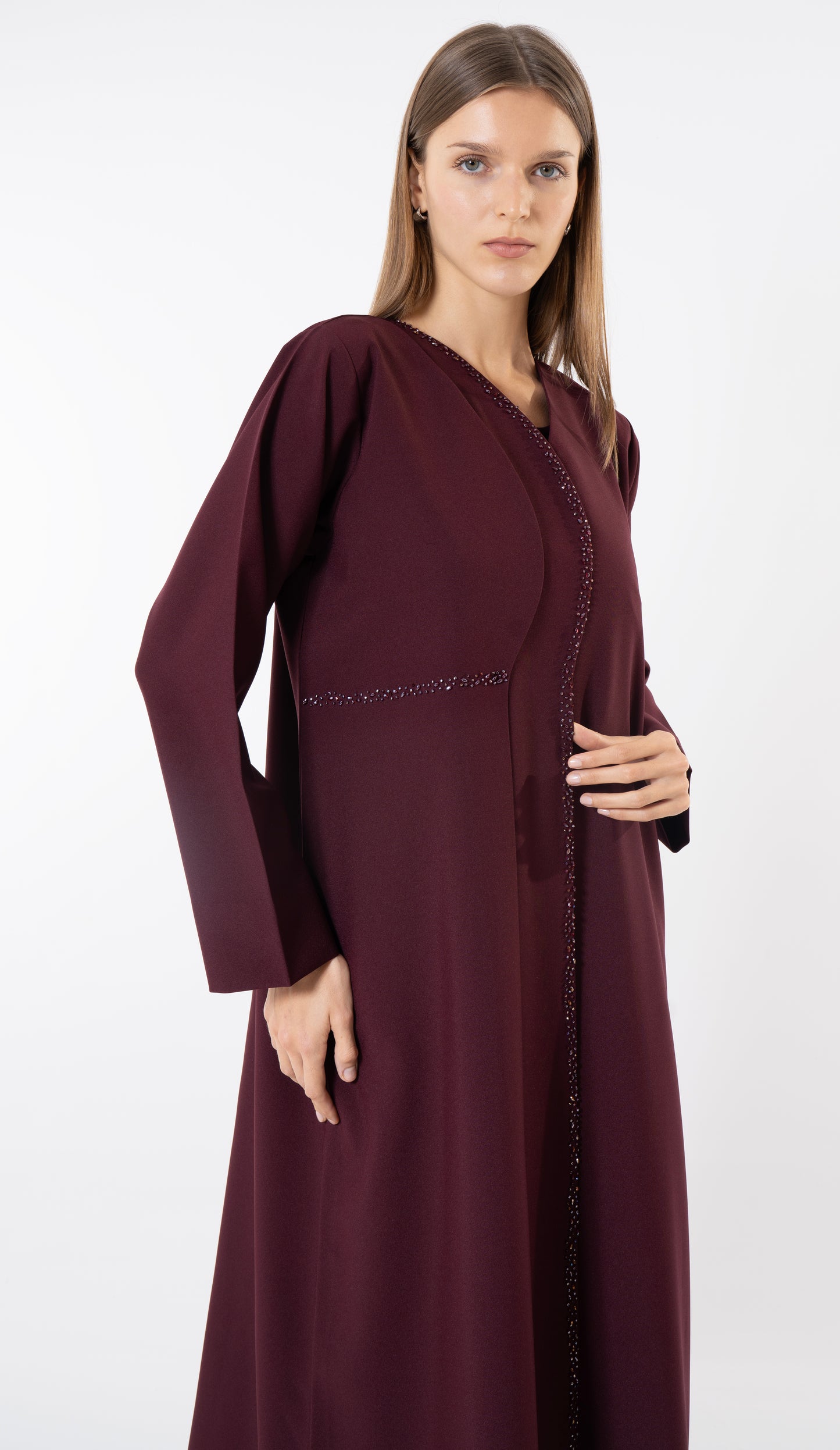 Maroon Overlap Curve Abaya With Front Layering And Beadwork