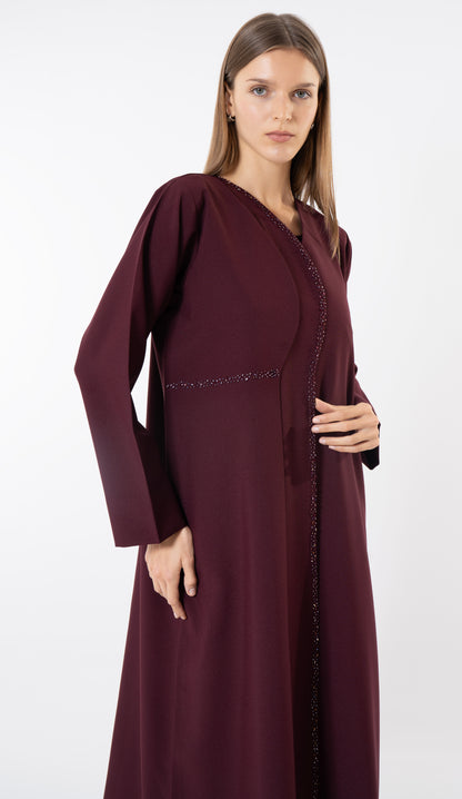 Maroon Overlap Curve Abaya With Front Layering And Beadwork