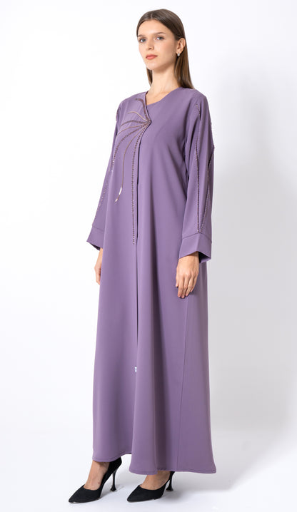 Purple Overlap Abaya With Fine Handworked Front Detail