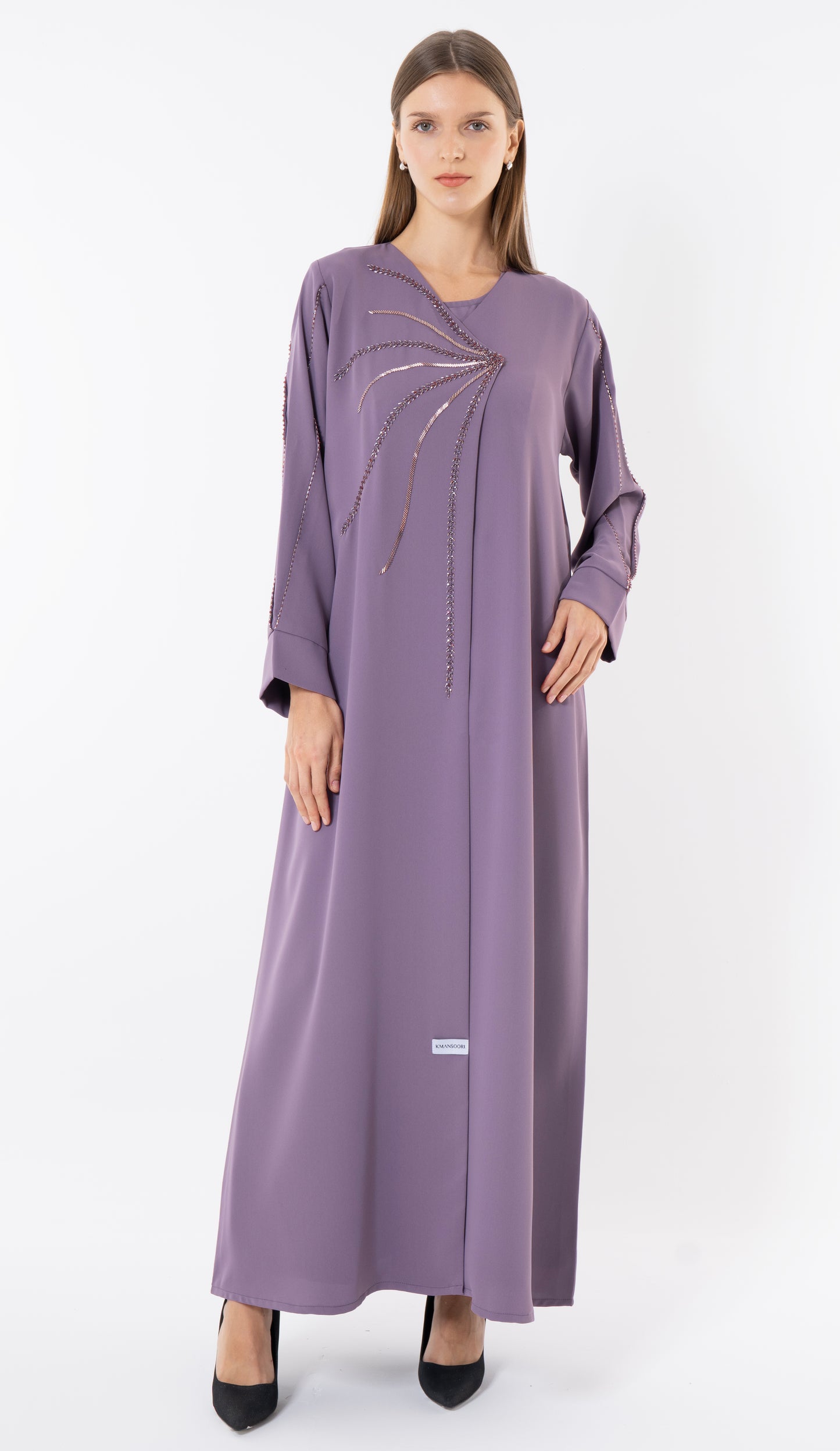 Purple Overlap Abaya With Fine Handworked Front Detail