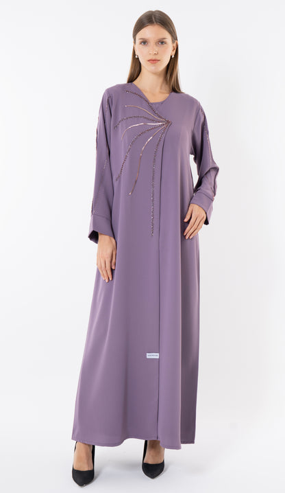 Purple Overlap Abaya With Fine Handworked Front Detail