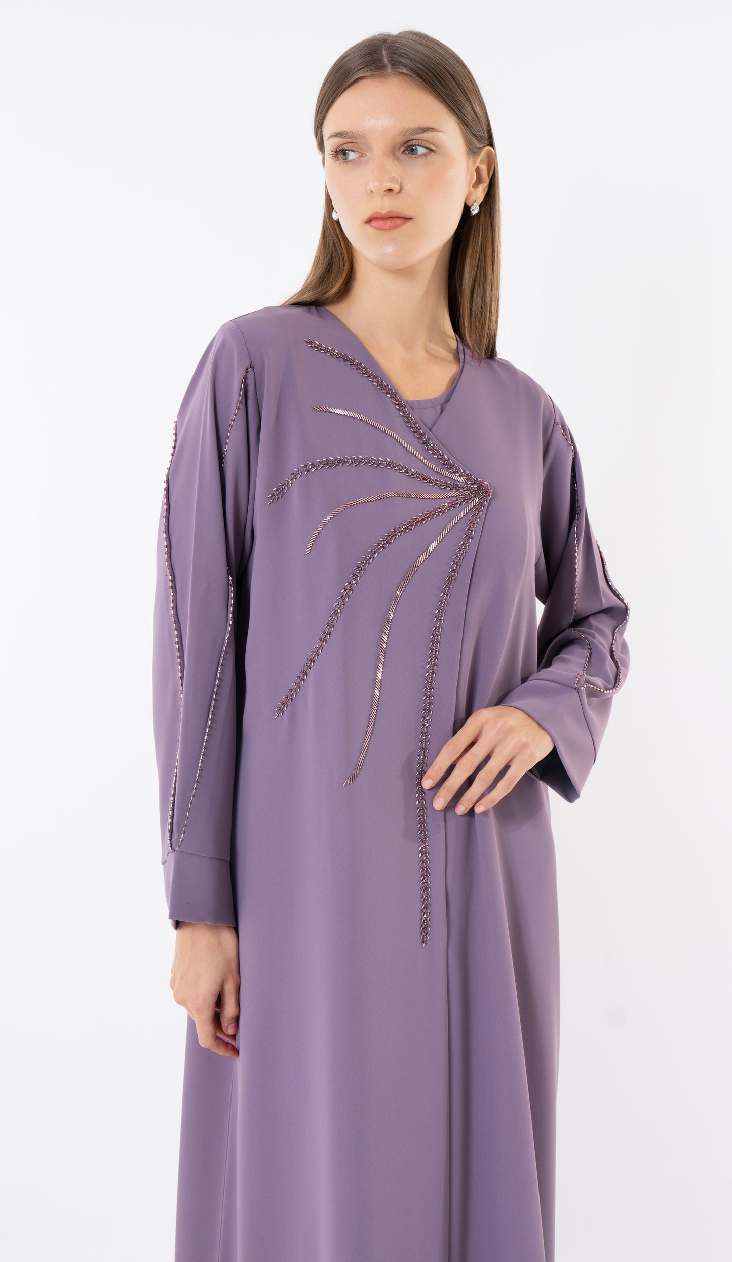Purple Overlap Abaya With Front Handwork Detailing