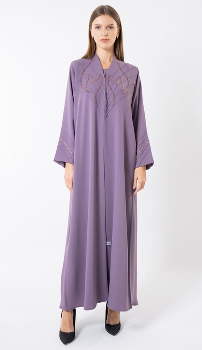Purple Pintuck Abaya With Handworked Front And Sleeve Detailing