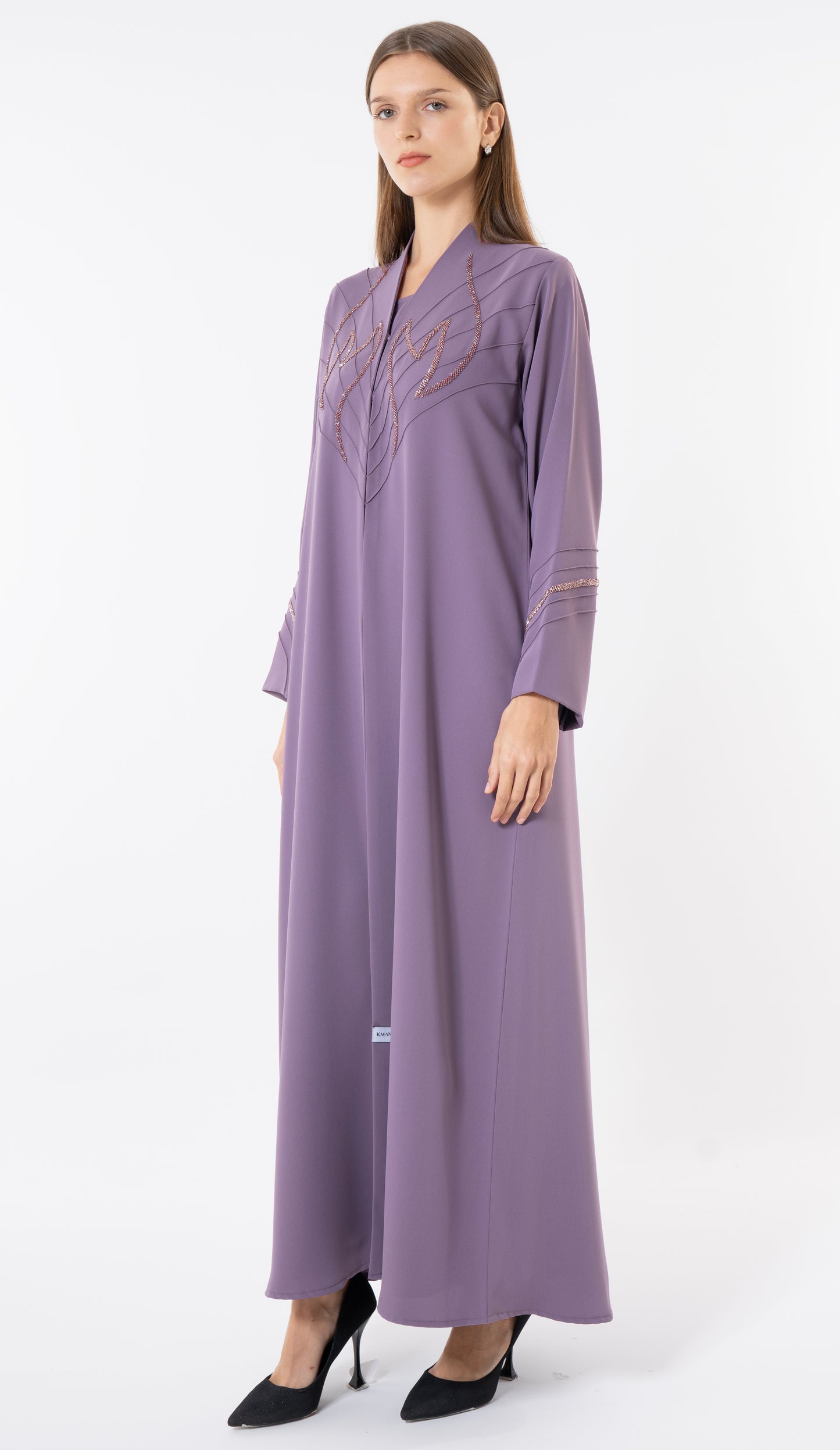 Purple Pintuck Abaya With Handworked Front And Sleeve Detailing