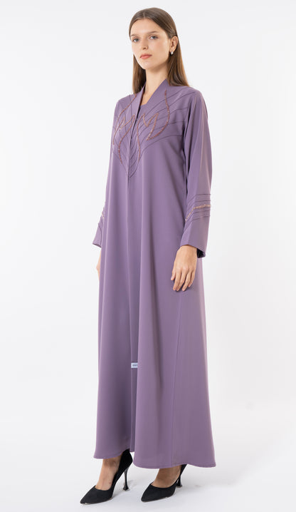 Purple Abaya With Pintuck Design And Fine Handwork Embellishment