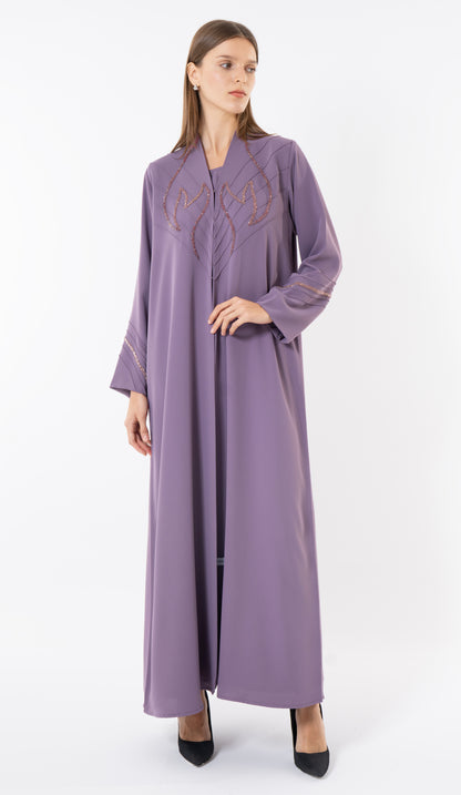 Purple Pintuck Abaya With Handworked Front And Sleeve Detailing
