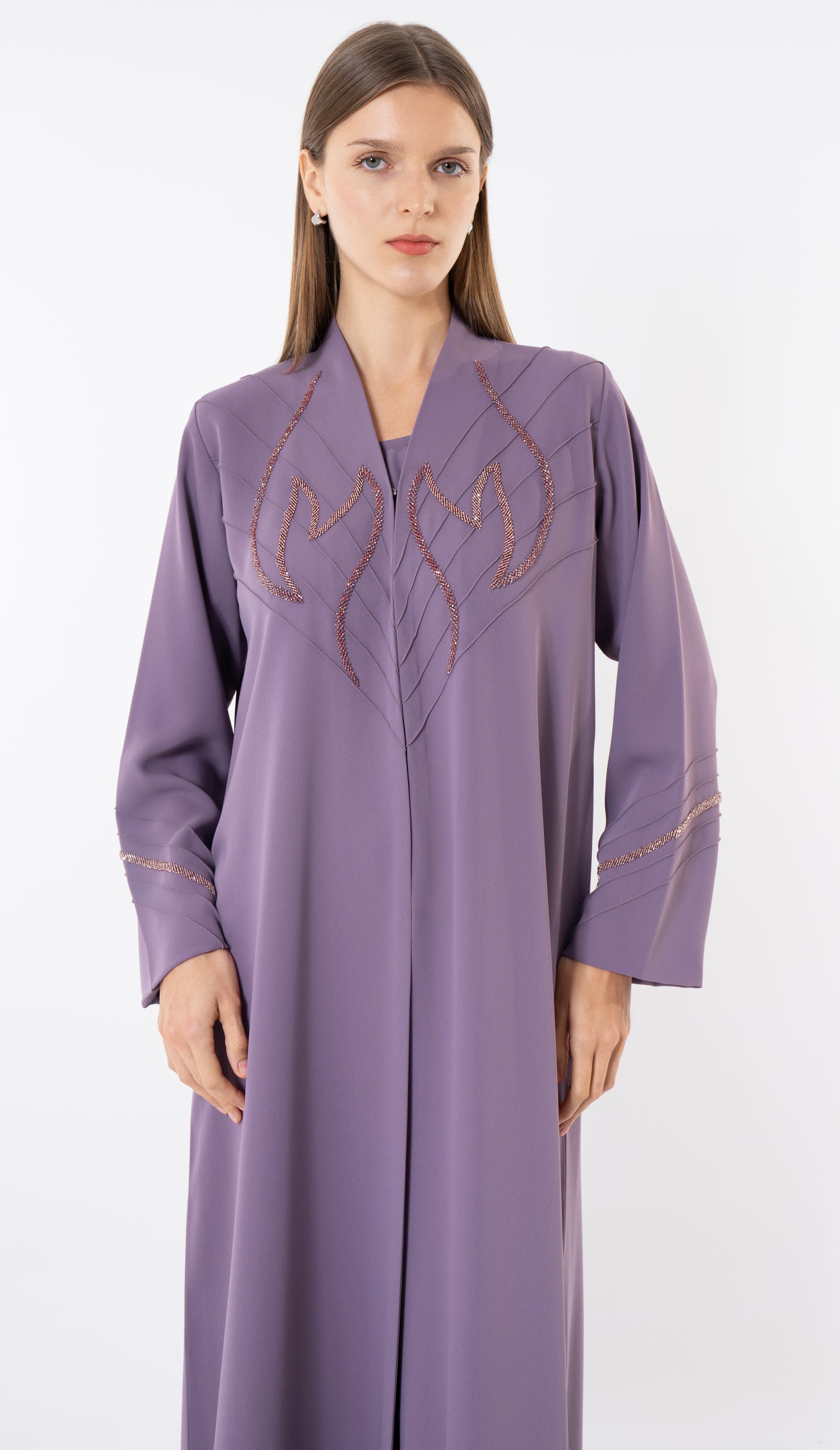 Purple Pintuck Abaya With Handworked Front And Sleeve Detailing