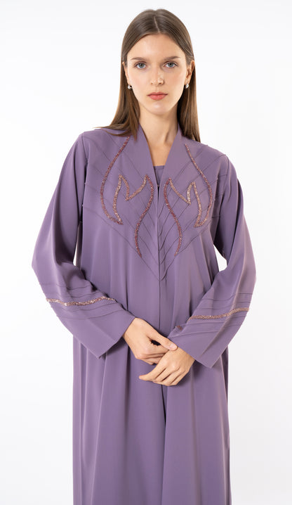 Purple Pintuck Abaya With Handworked Front And Sleeve Detailing