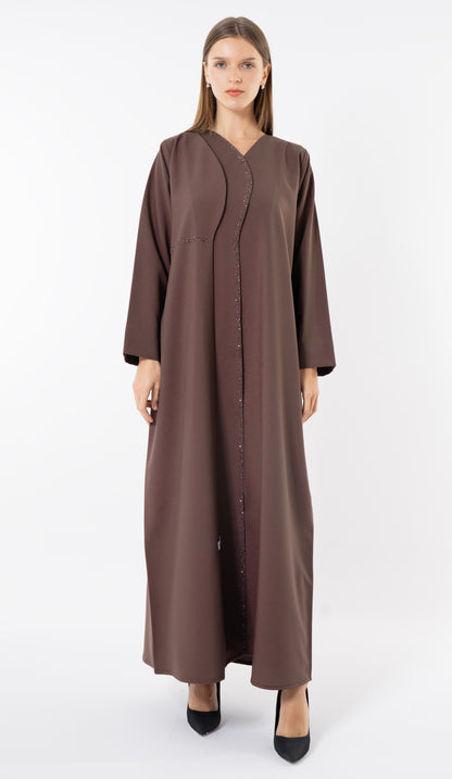 Brown Overlap Curve Abaya With Front Layering And Beadwork