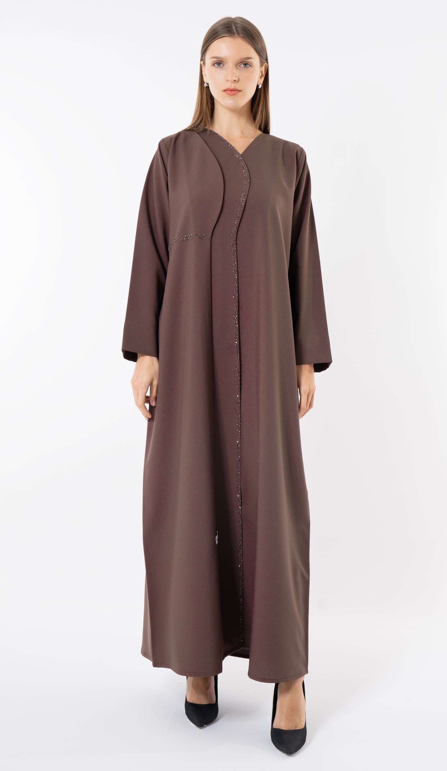 Brown Layered Abaya With Overlap Curve Design And Beadwork