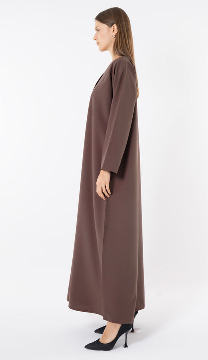 Brown Overlap Curve Abaya With Front Layering And Beadwork
