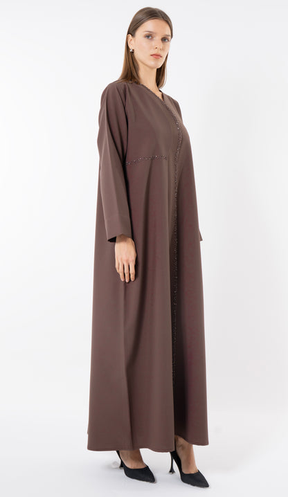 Brown Layered Abaya With Overlap Curve Design And Beadwork
