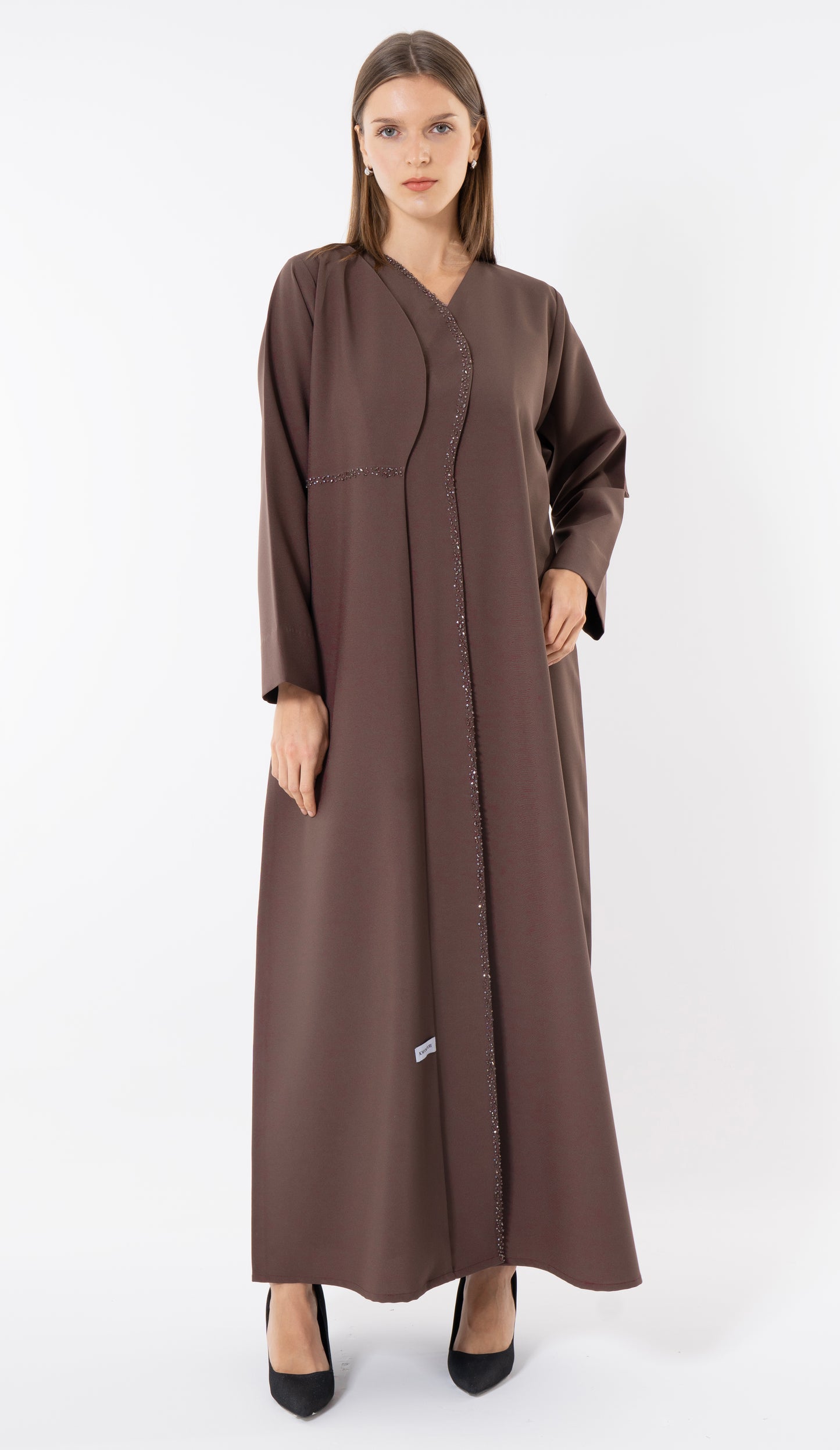 Brown Overlap Curve Abaya With Front Layering And Beadwork