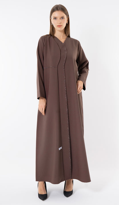 Brown Layered Abaya With Overlap Curve Design And Beadwork
