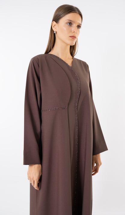 Brown Layered Abaya With Overlap Curve Design And Beadwork