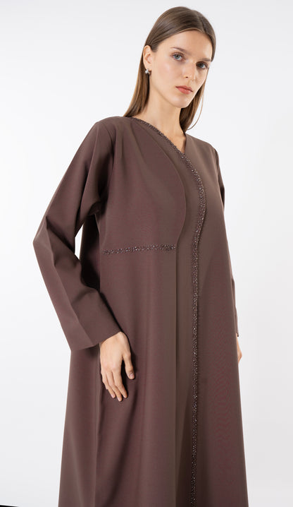 Brown Layered Abaya With Overlap Curve Design And Beadwork