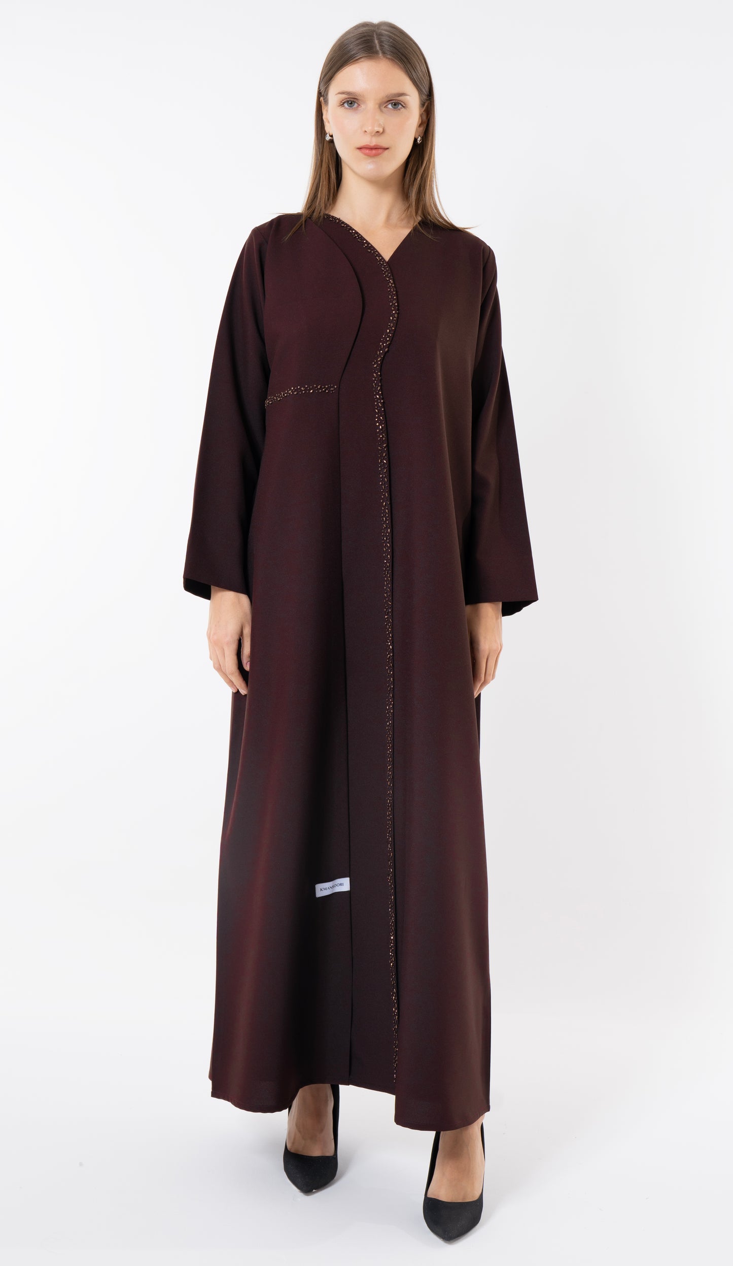 Dark Brown Overlap Curve Abaya With Front Layering And Beadwork