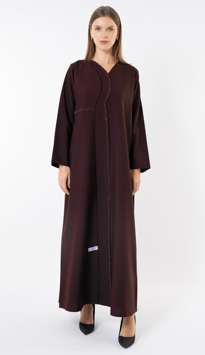 Dark Brown Layered Abaya With Overlap Curve Design And Beadwork